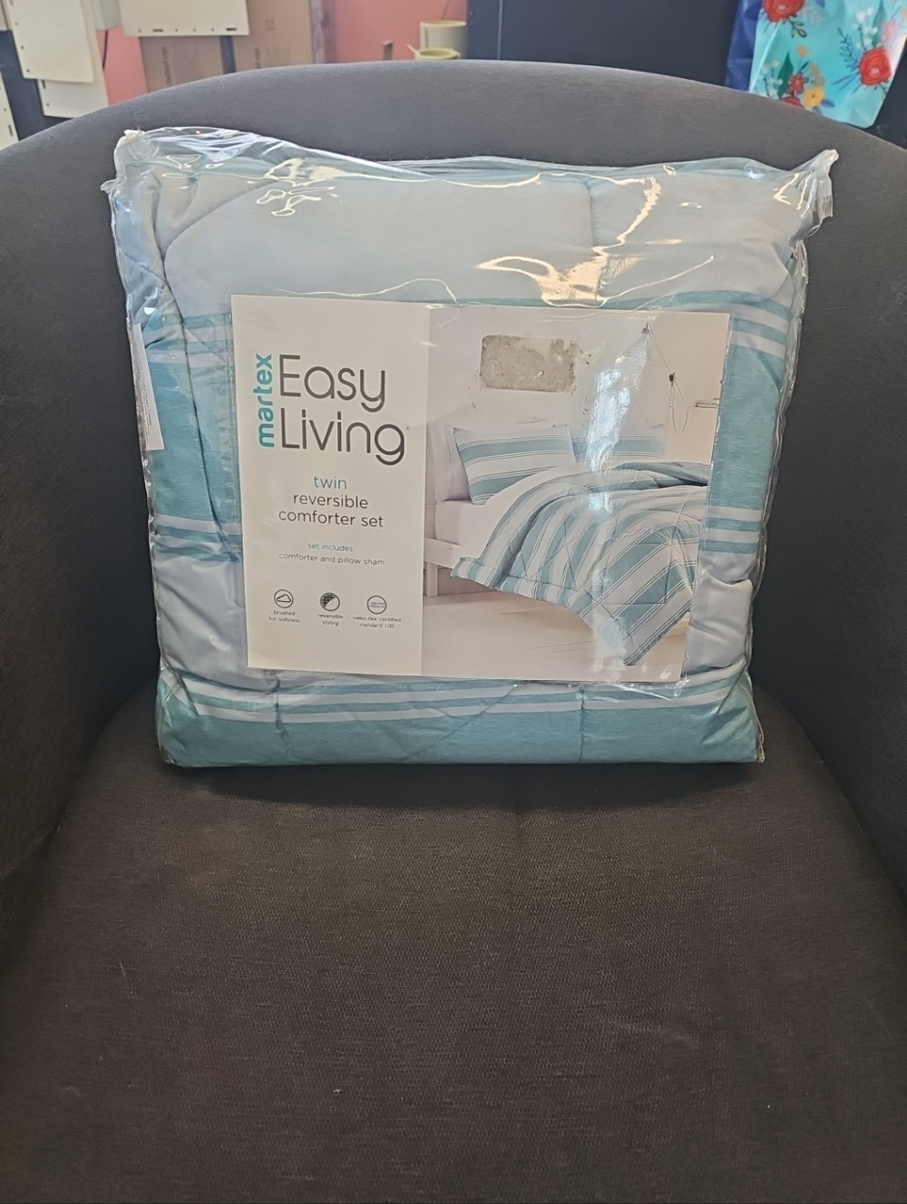 NIP Martex Easy Living Twin Reversible Comforter & Sham Set Sydney Stripe Teal